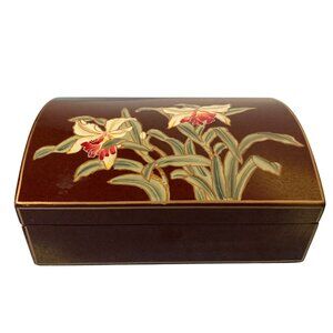 Vintage Floral Lacquered Wooden Jewelry Box With Hinged Lid And Orchid Design
